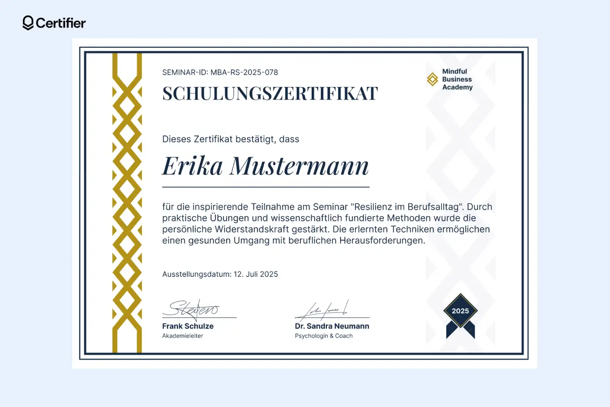 Helles Zertifikat mit goldenen Elementen und dezentem Hintergrund.