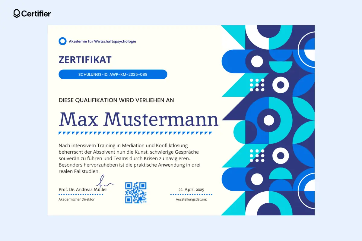 Blaues Zertifikat mit QR-Code, Signaturfeldern und Logo.