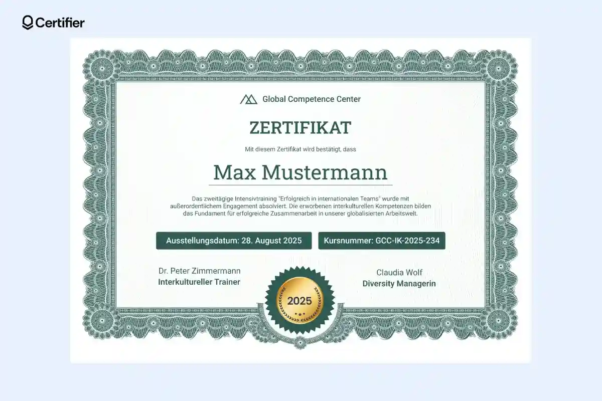 Klassische Schulungszertifikat Vorlage mit dekorativen grünen Rändern.