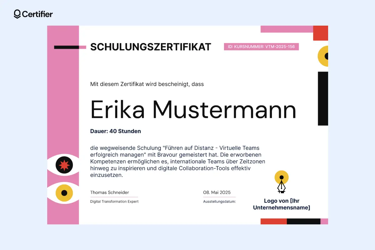 Künstlerisches Zertifikat mit farbigem, modernem Layout.