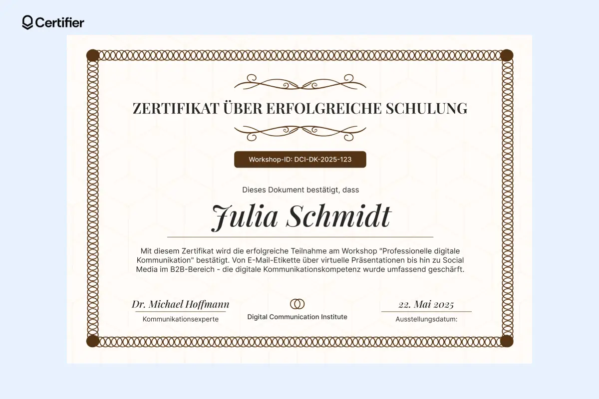 Elegantes Zertifikat mit dezenten Ornamenten und großem Namensfeld.