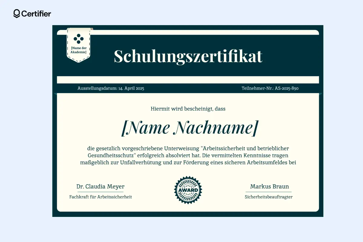 Bildungszertifikat mit Platz für Logo und Unterschriften.