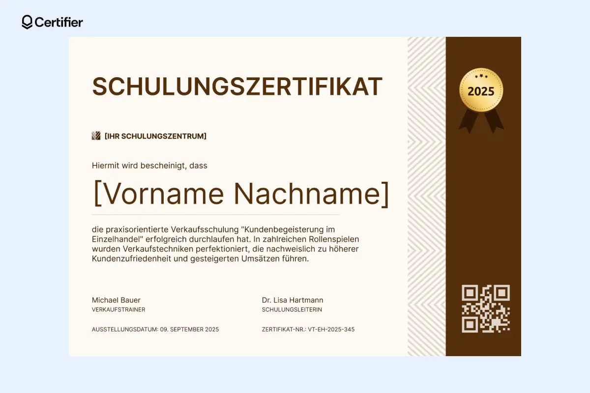 Edles Zertifikat mit dekorativen Rahmen und eleganter Schrift.