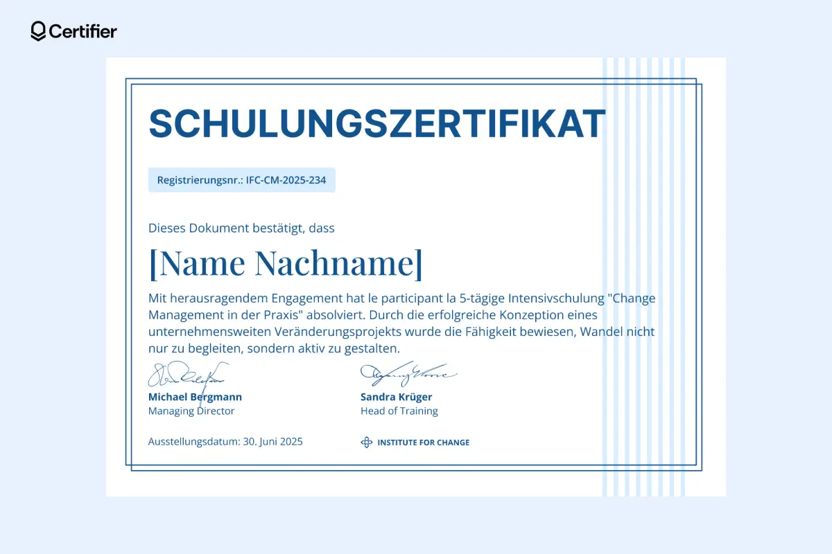Helles Zertifikat in Blau mit Platz für Signaturen und Empfängernamen.