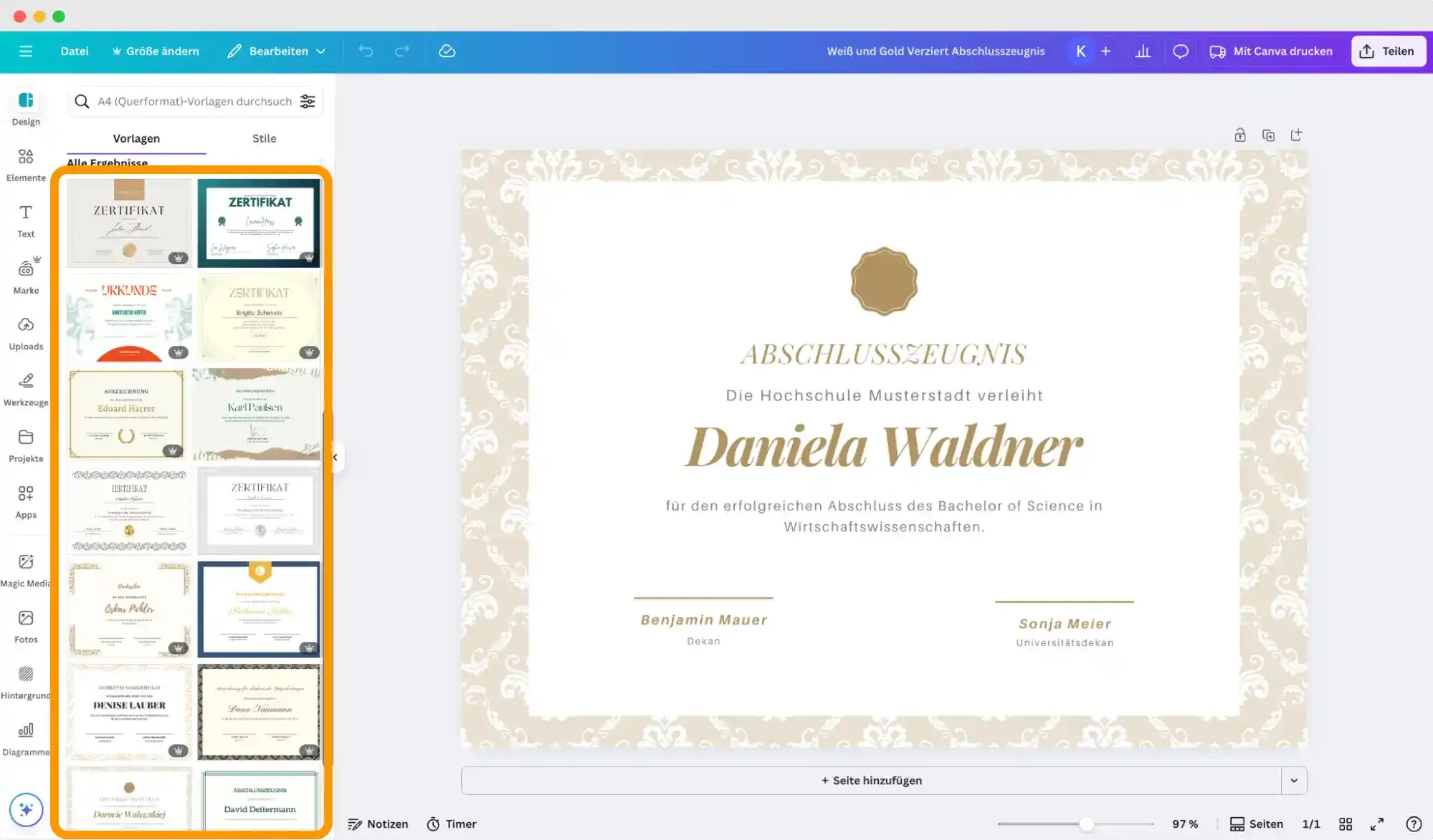 Canva-Editor mit einem vorbereiteten Diplom zum Drucken im Arbeitsbereich, bereit zur Personalisierung per Drag-and-Drop.