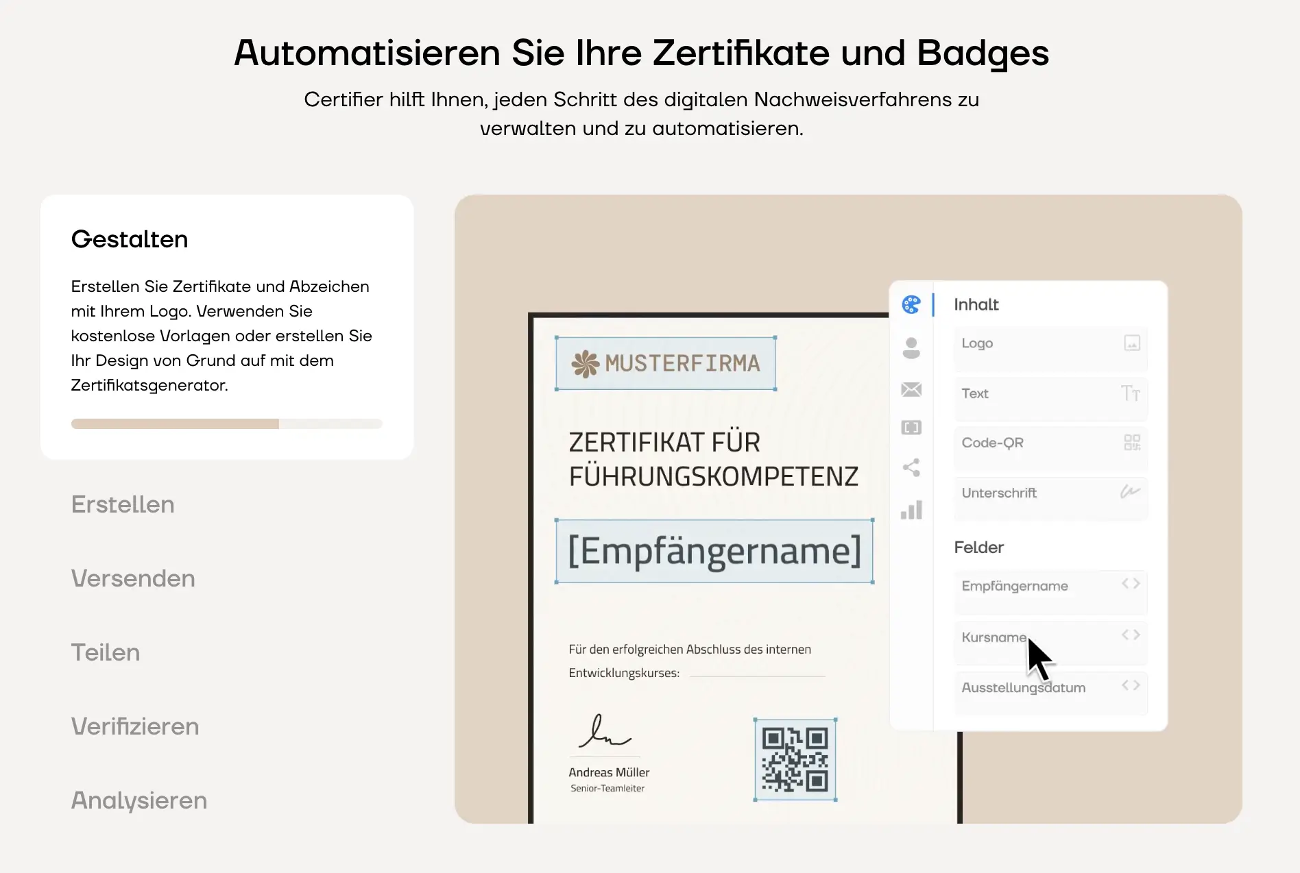 Editoransicht in Certifier mit Diplom-Vorlage und dynamischen Feldern für Namen, Kurs, Datum und Zertifikats-ID.