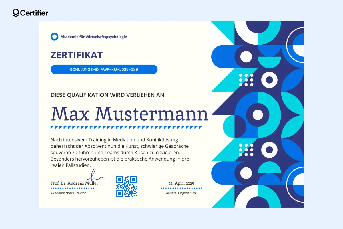Finalisiertes Diplom in Certifier mit Teilnehmername—beispielhaft für ein erfolgreiches Zertifikat in Canva-Anmutung.