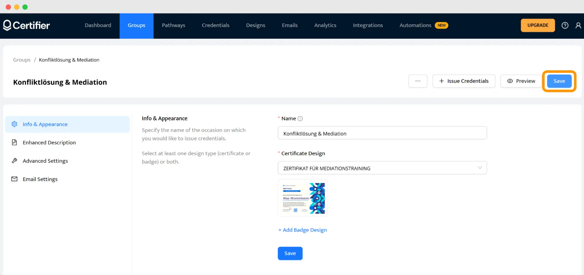 Anlage einer Empfängergruppe in Certifier mit Titel „Teilnehmer des Excel-Seminars“, ausgewählter Erfolgs-Zertifikatsvorlage und aktivem Save-Button.