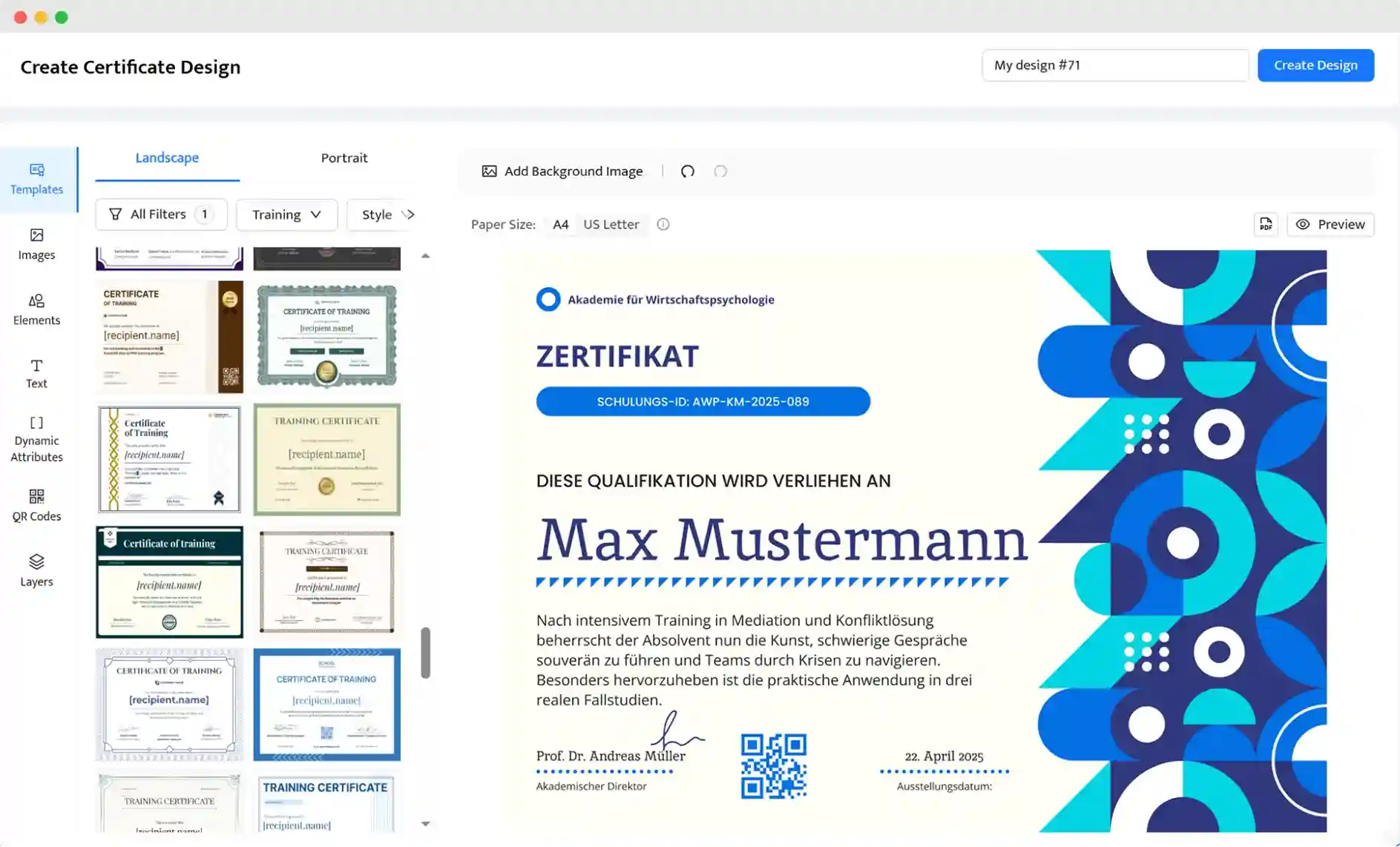 Certifier-Editor mit einer anpassbaren Diplom-/Schulungs-Vorlage, bereit zur Bearbeitung für eine Teilnahmebescheinigung in Canva-Optik.