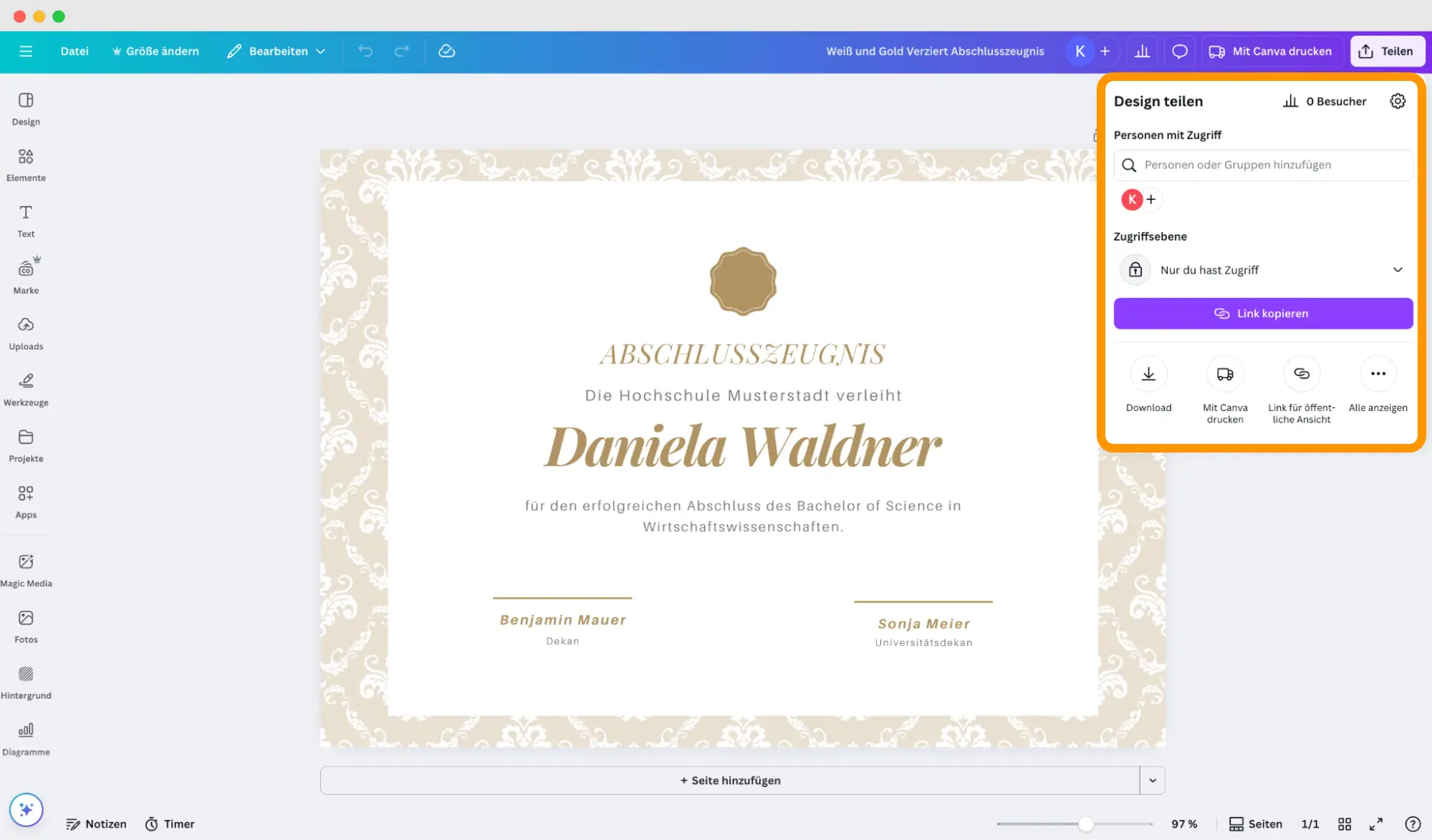 Download-Optionen in Canva zum Export als Diplom-PDF, inklusive Einstellungen für Qualität und Druck.
