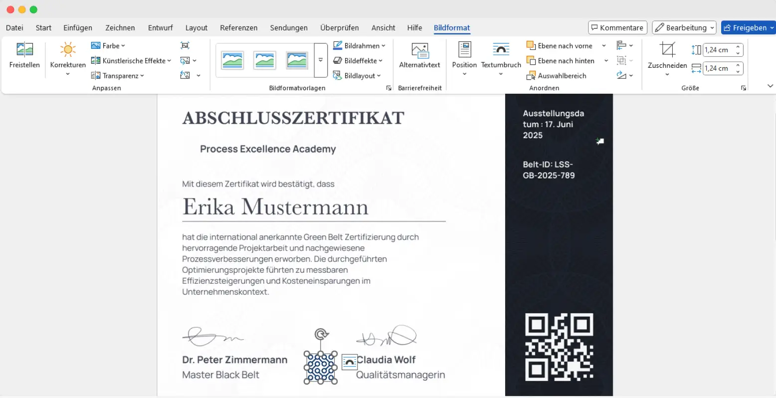Word-Layout zeigt, wie man ein Zertifikat in Word mit einem korrekt ausgerichteten Logo erstellt.