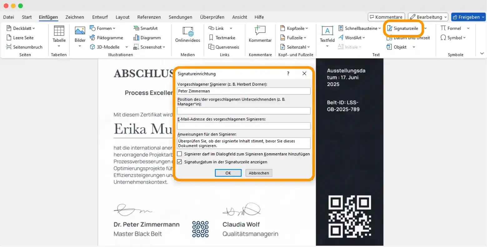 Word-Konfigurationsfenster zum Hinzufügen einer digitalen Signatur – Abschluss eines Word-Zertifikat-Tutorials.