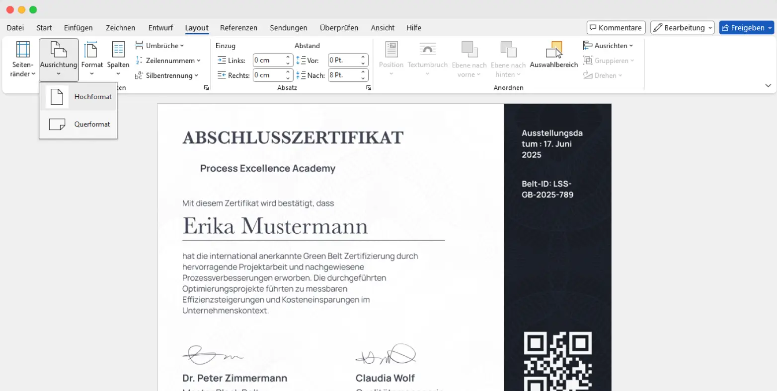 Screenshot von Microsoft Word zeigt, wie man beim Erstellen eines Zertifikats in Word zwischen Hoch- und Querformat wählt.