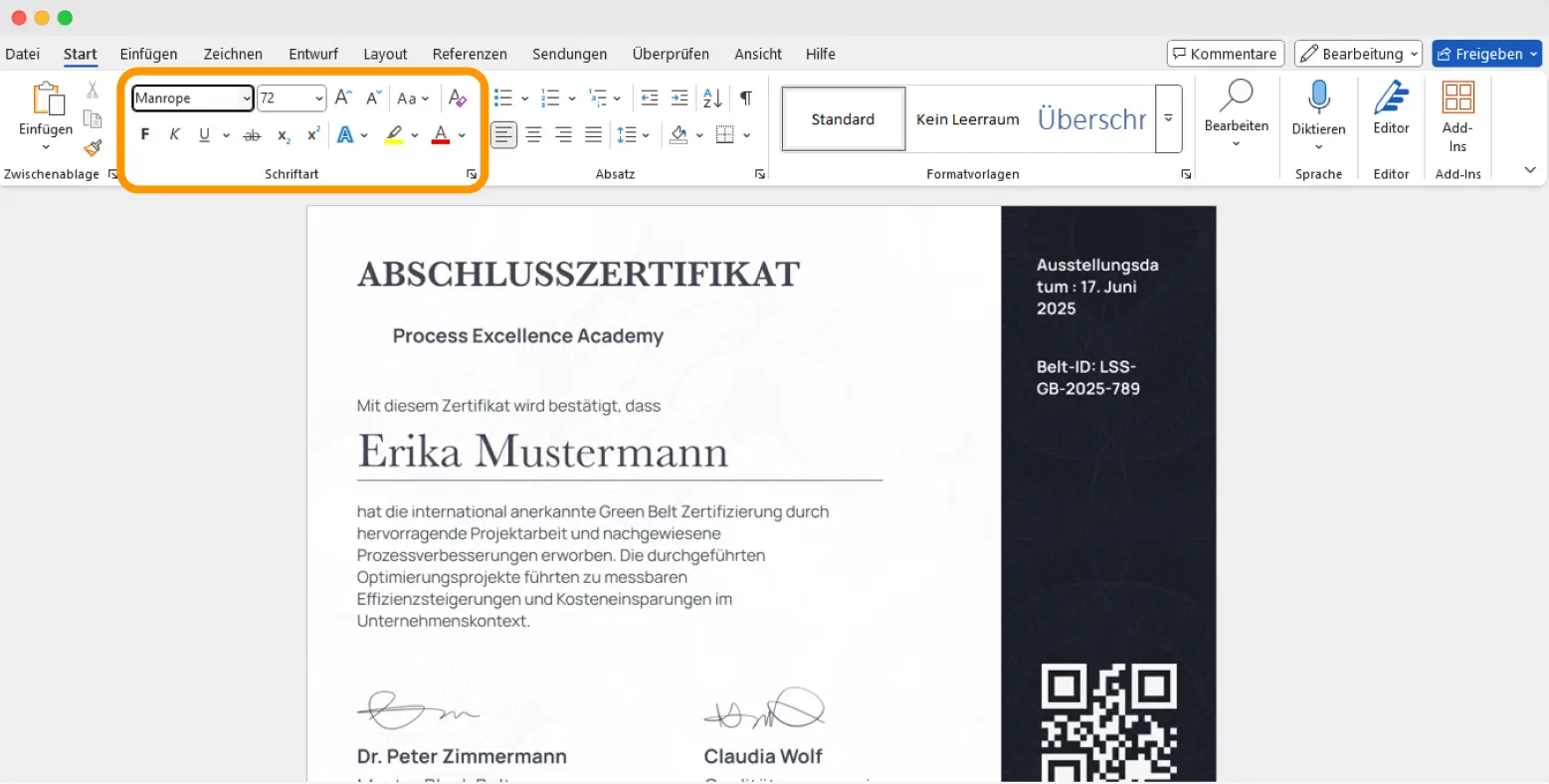 Beispiel für ein professionelles Word-Zertifikat mit formatiertem Text und personalisiertem Empfängernamen.