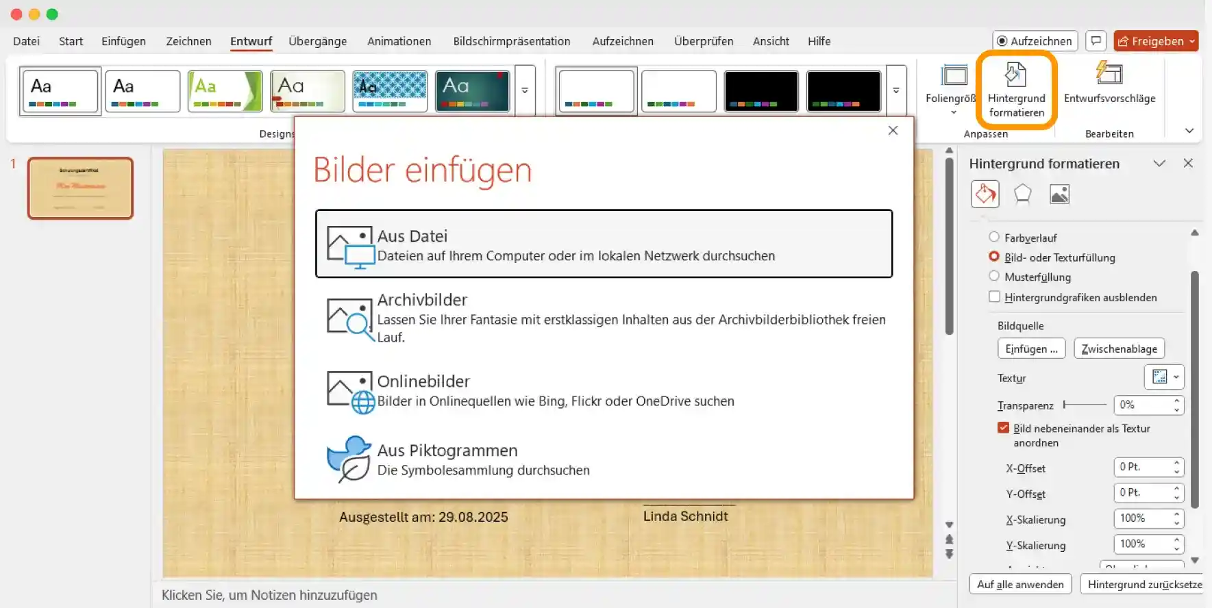 PowerPoint-Oberfläche zeigt die Optionen zum Einfügen eines Hintergrunds beim zertifikat erstellen powerpoint.