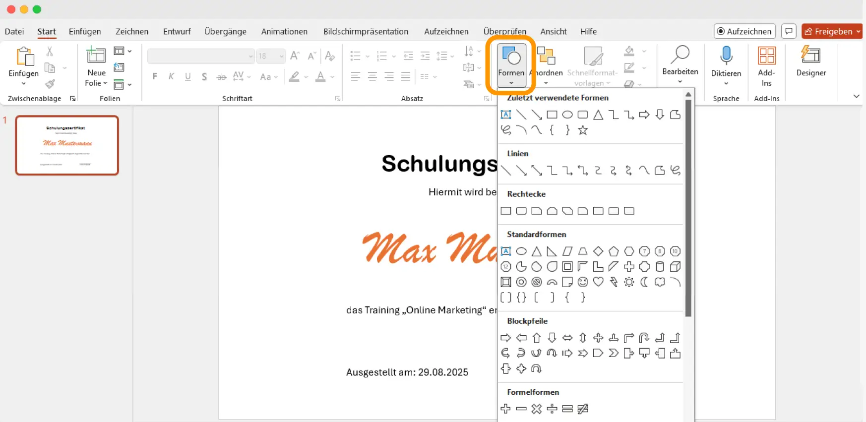 Menü „Formen einfügen“ in PowerPoint, genutzt, um visuelle Elemente in ein kostenloses Zertifikat-PowerPoint-Template einzufügen.