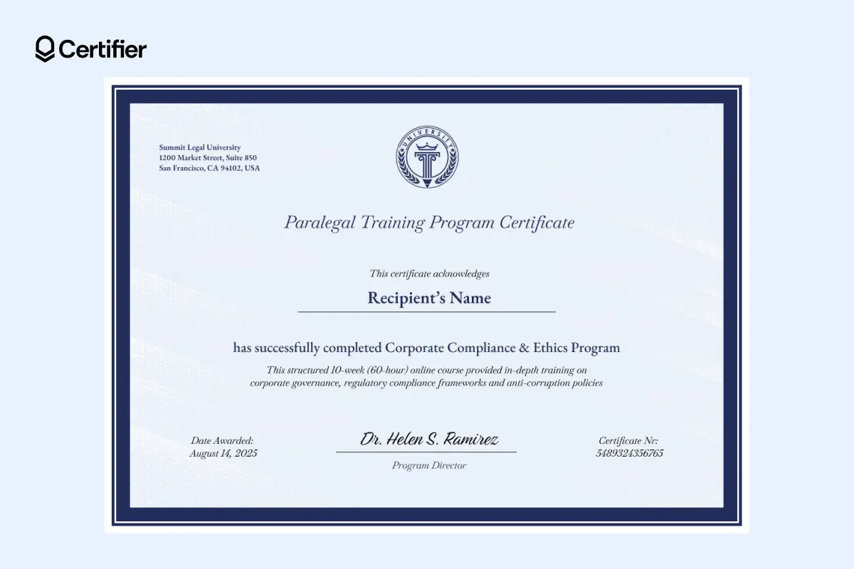 Paralegal certificate template in blue border style with blue border and handwritten fonts highlighting legal arguments.