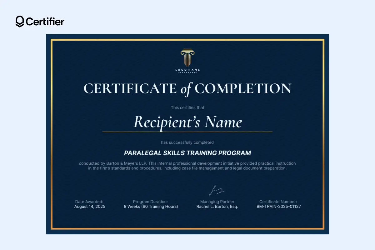 Navy and gold paralegal skills certificate template with structured layout created to show technical skills.