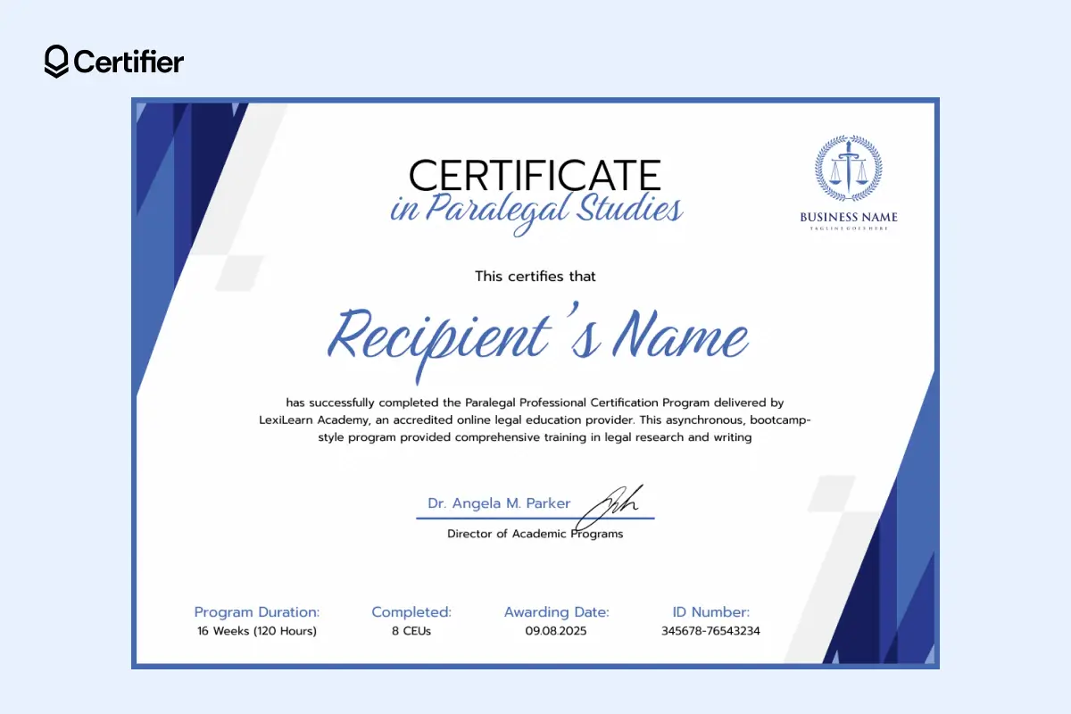 Digital paralegal certificate template with blue accents and logical structure accepted by a national association.