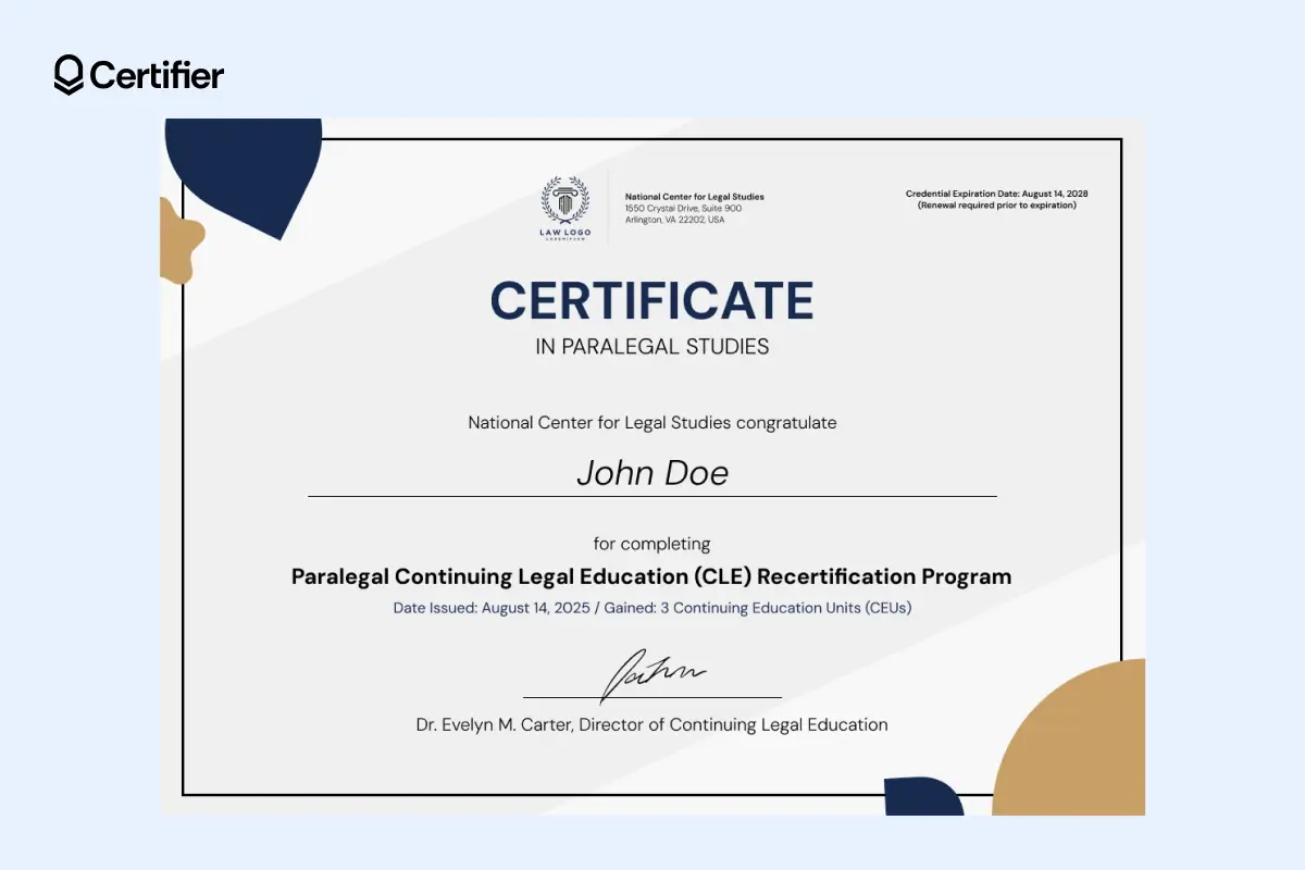 Custom paralegal certificate template with centered signature in blue and beige preferred by the national federation.