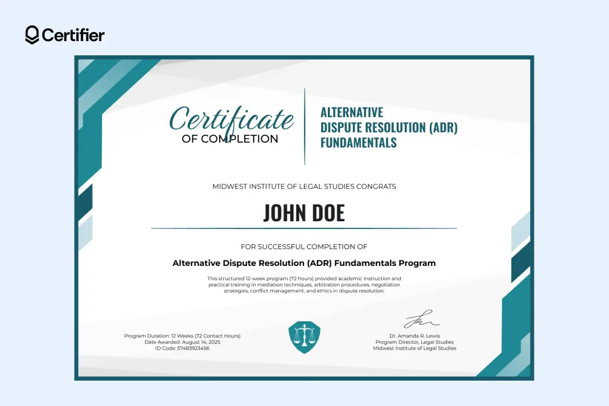 Balanced paralegal certificate template with fonts and structured design supporting career growth.