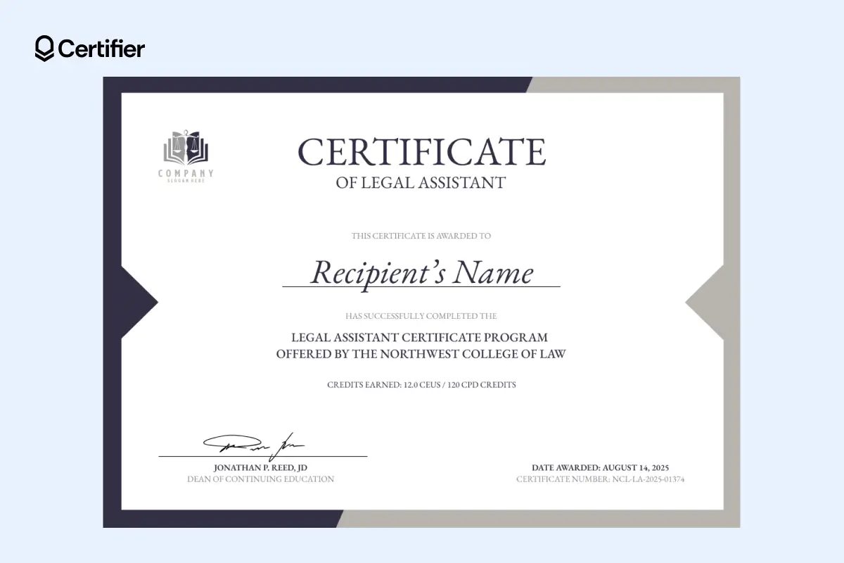 Printable paralegal certificate template with serif fonts to reflect soft skills.