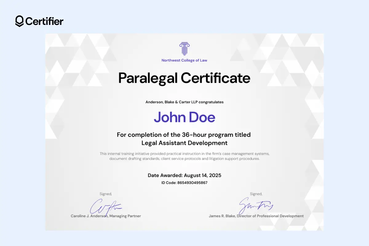 Printable paralegal certificate template with geometric background and dual signatures used for certificates.
