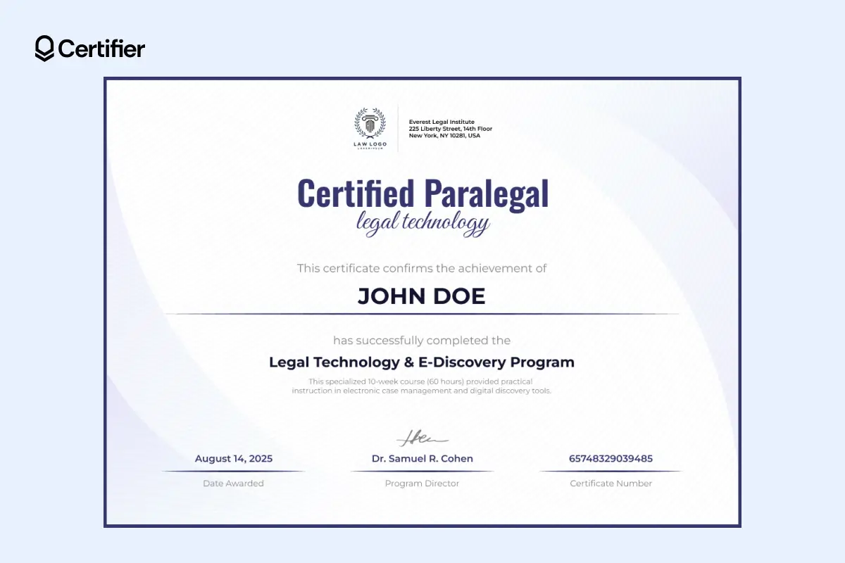 Minimal violet-accented paralegal certificate template with simple layout suitable for paralegals.