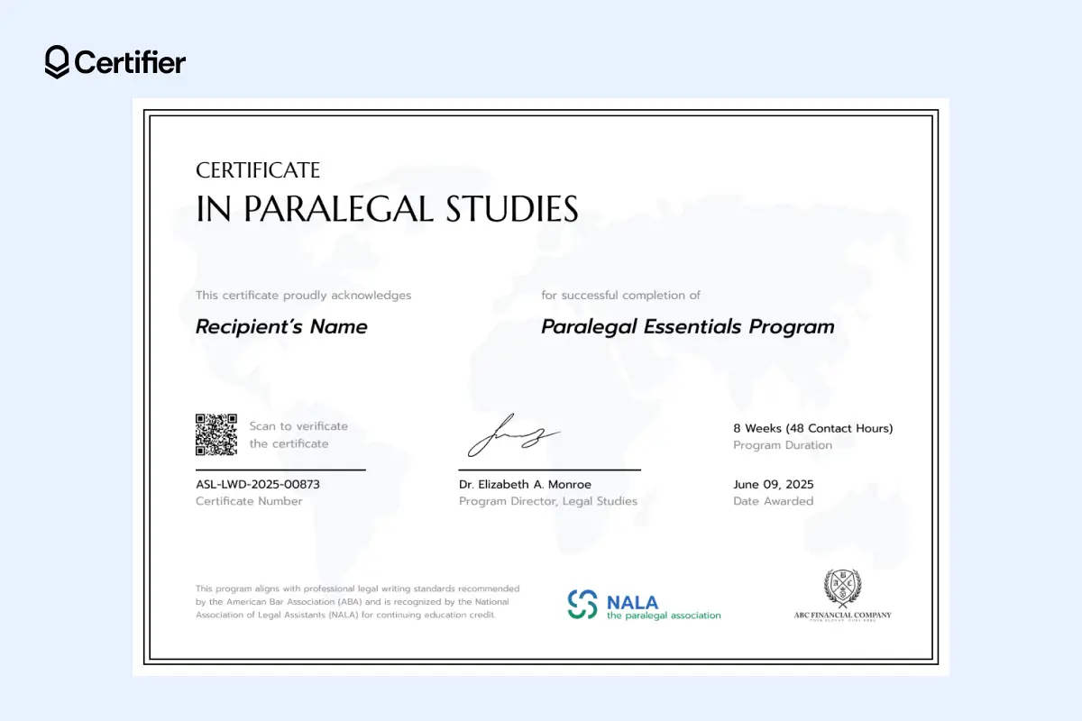 Free paralegal certificate template in black and white with watermark to tailor documents.