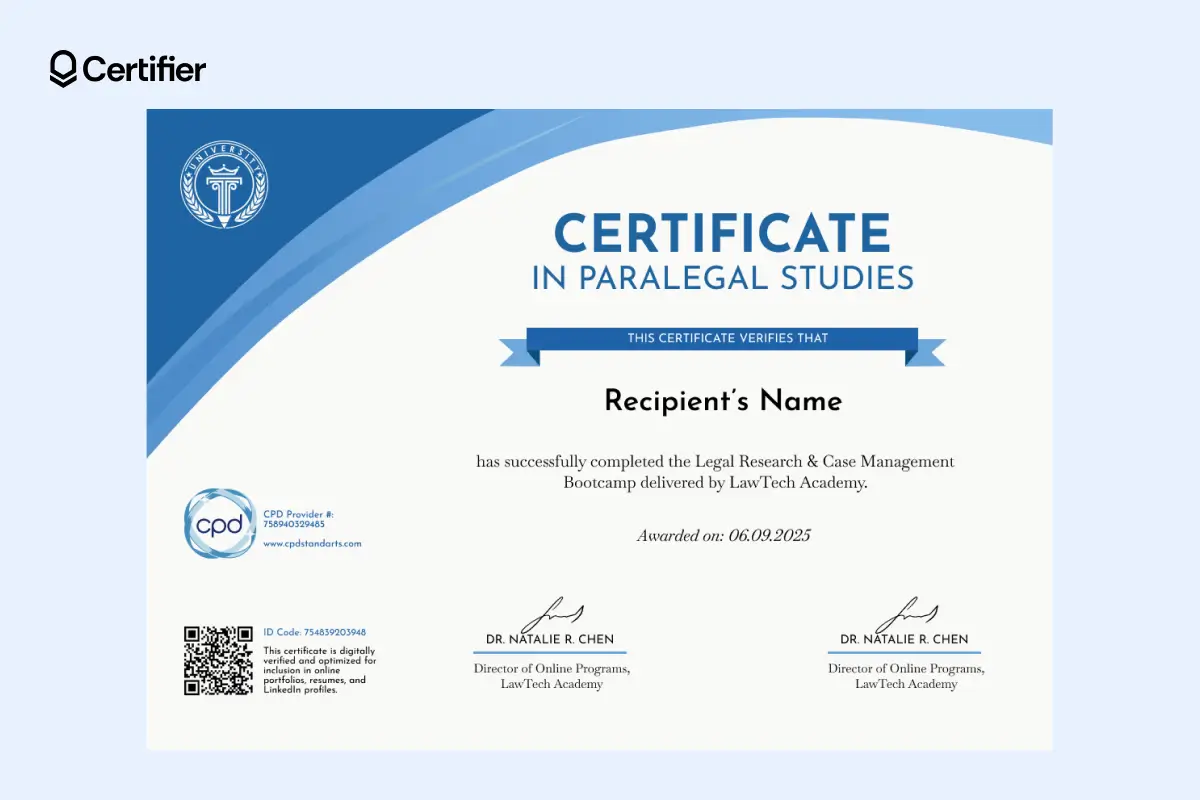 Polished paralegal certificate template with QR code and CPD logo showing responsibilities.