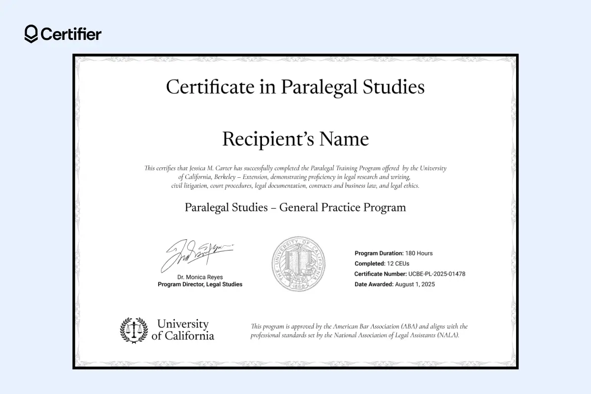 Academic paralegal certificate template with university-style design providing authentic credentials.