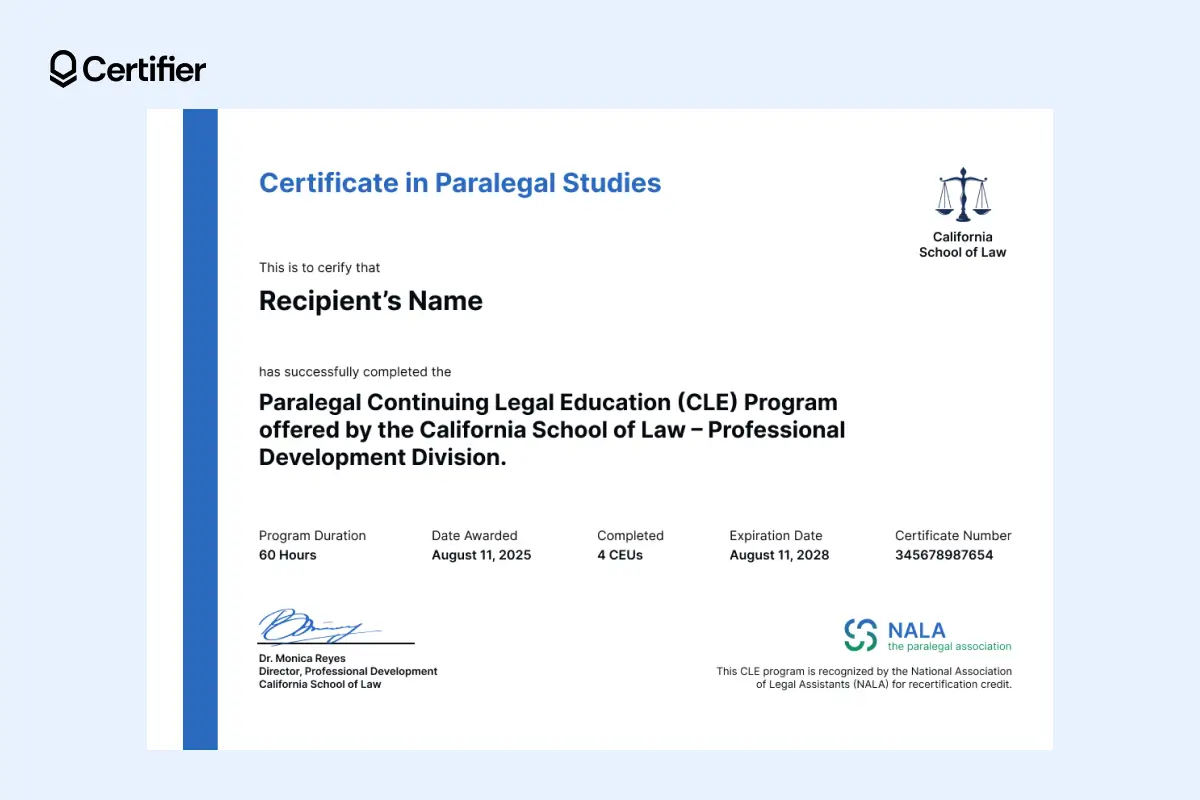 Printable paralegal certificate template with expiration date field and blue accents designed for legal documentation.