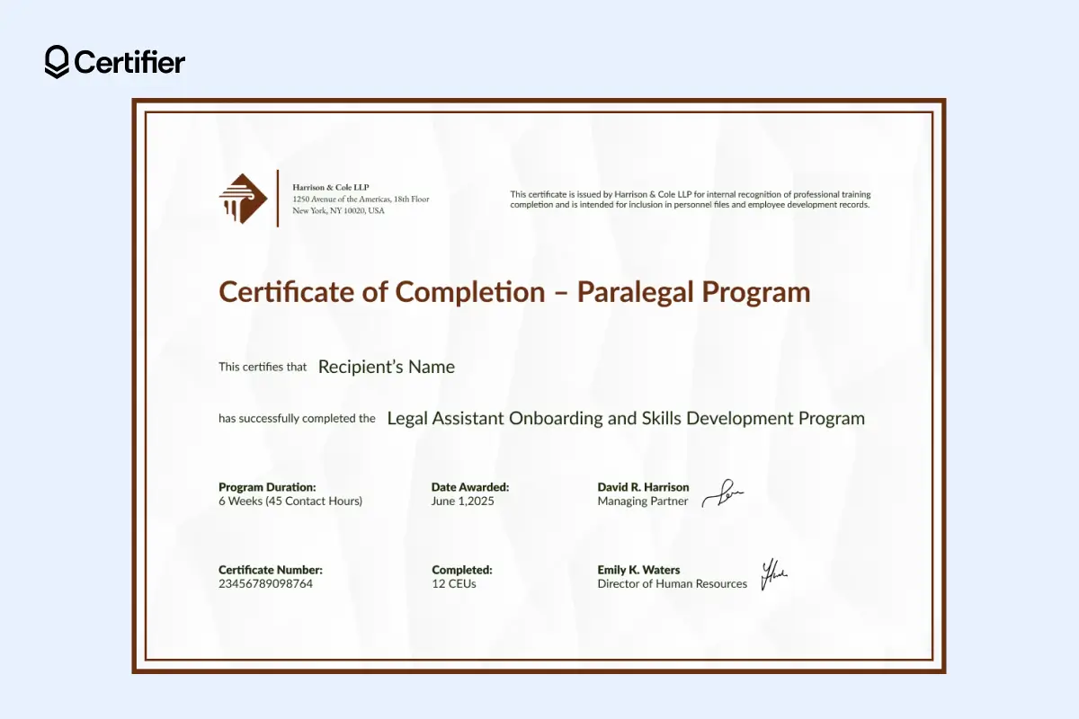 Editable paralegal certificate template with CEUs and digital signatures used in legal documents.