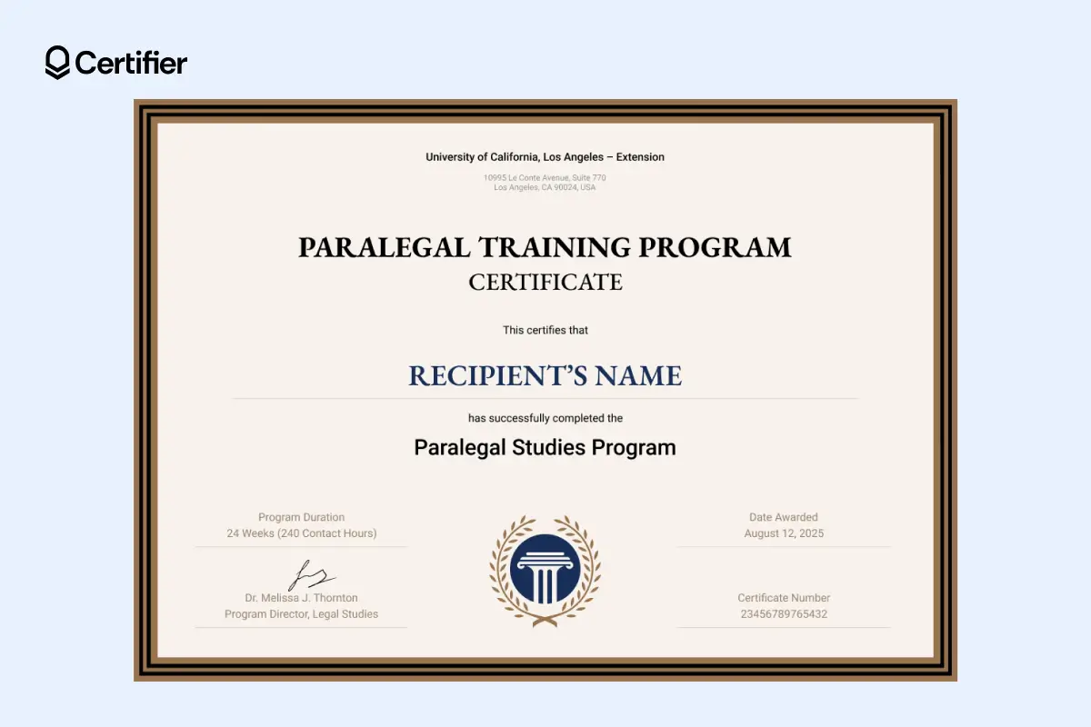 Paralegal training certificate template with logo placeholder and beige frame for paralegal associations.