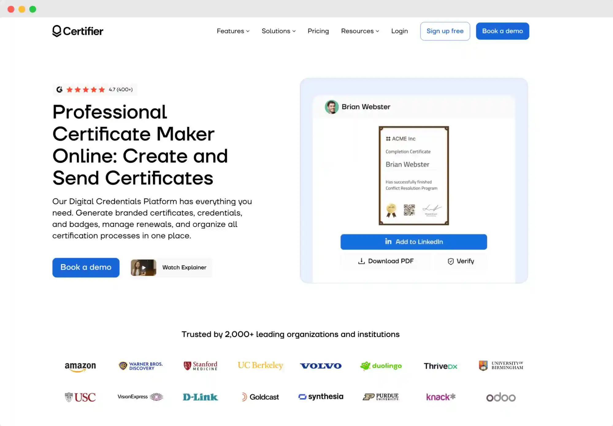 Certifier’s homepage; a website for managing certificates.