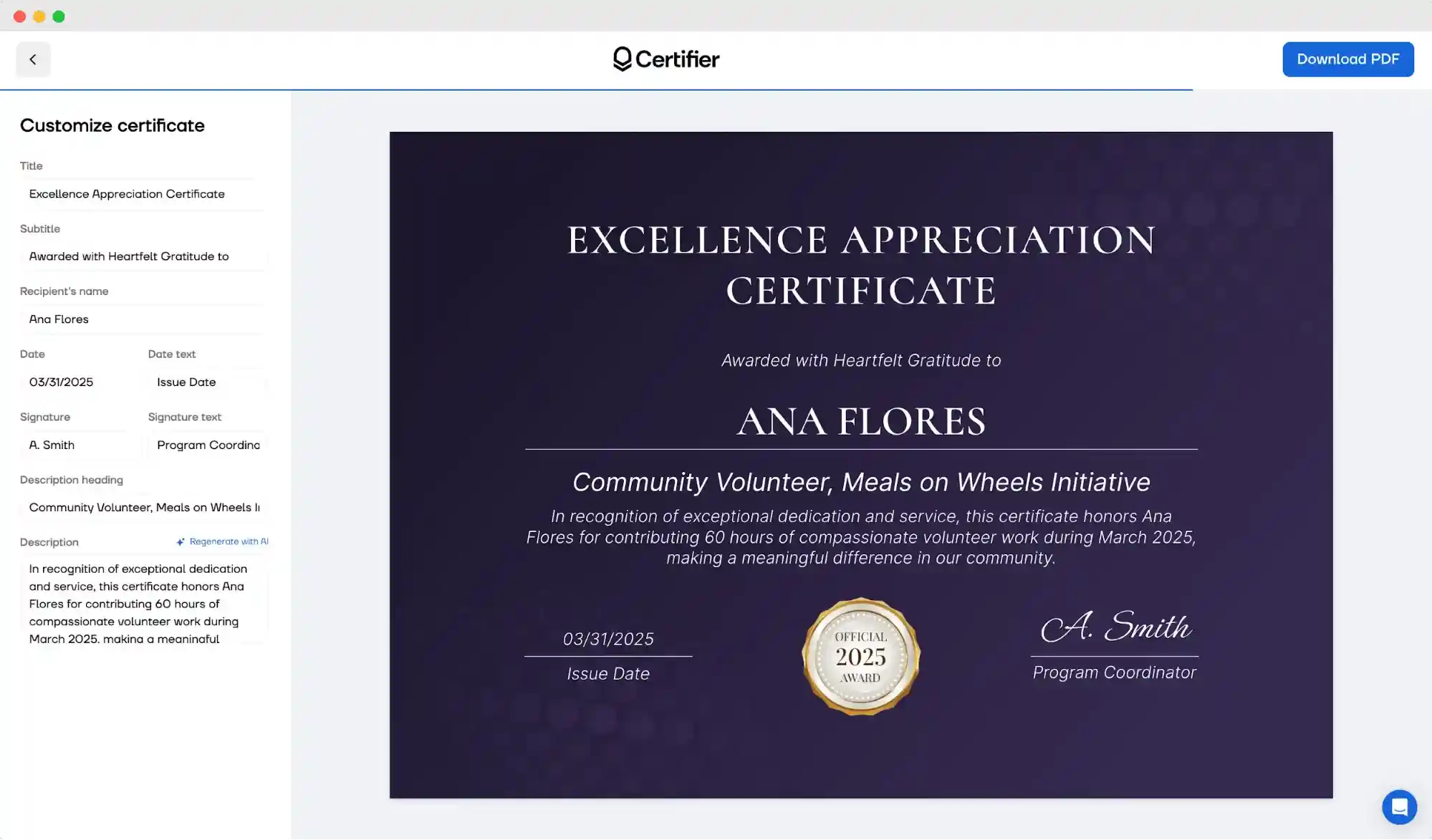 Ready-to-download PDF certificate made with Certifier AI certificate generator.
