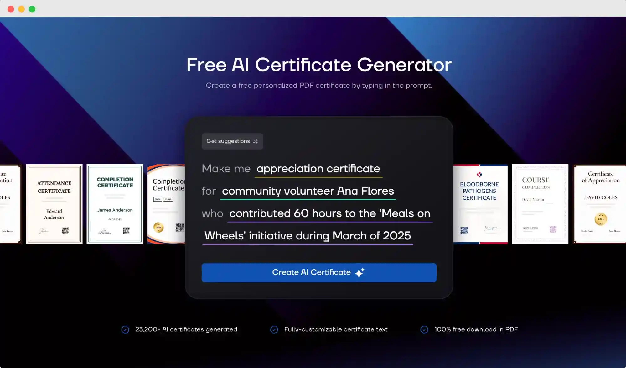 Main page of Certifier AI certificate maker.