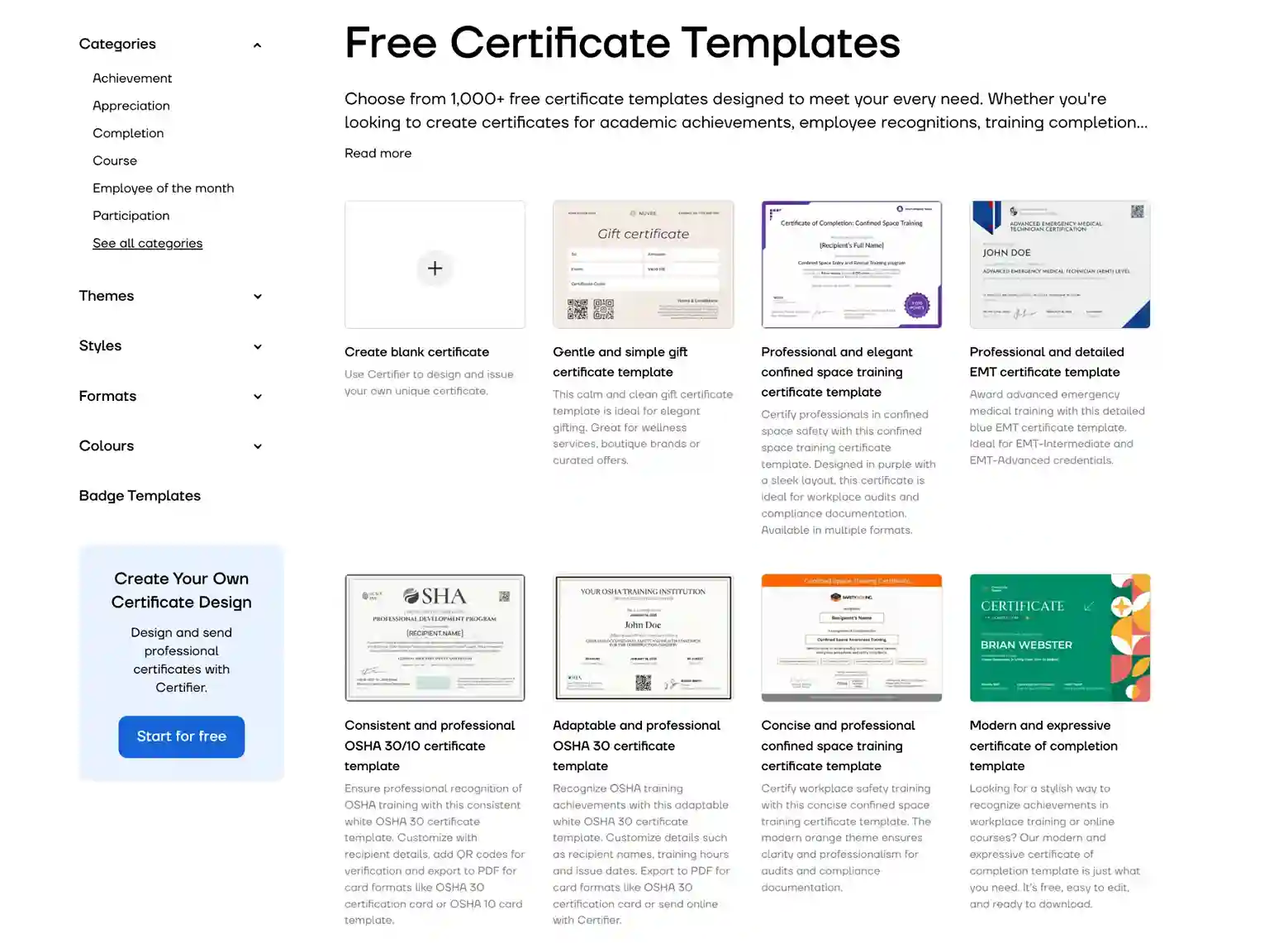 Certifier’s library of free certificate templates organized by design style and purpose.