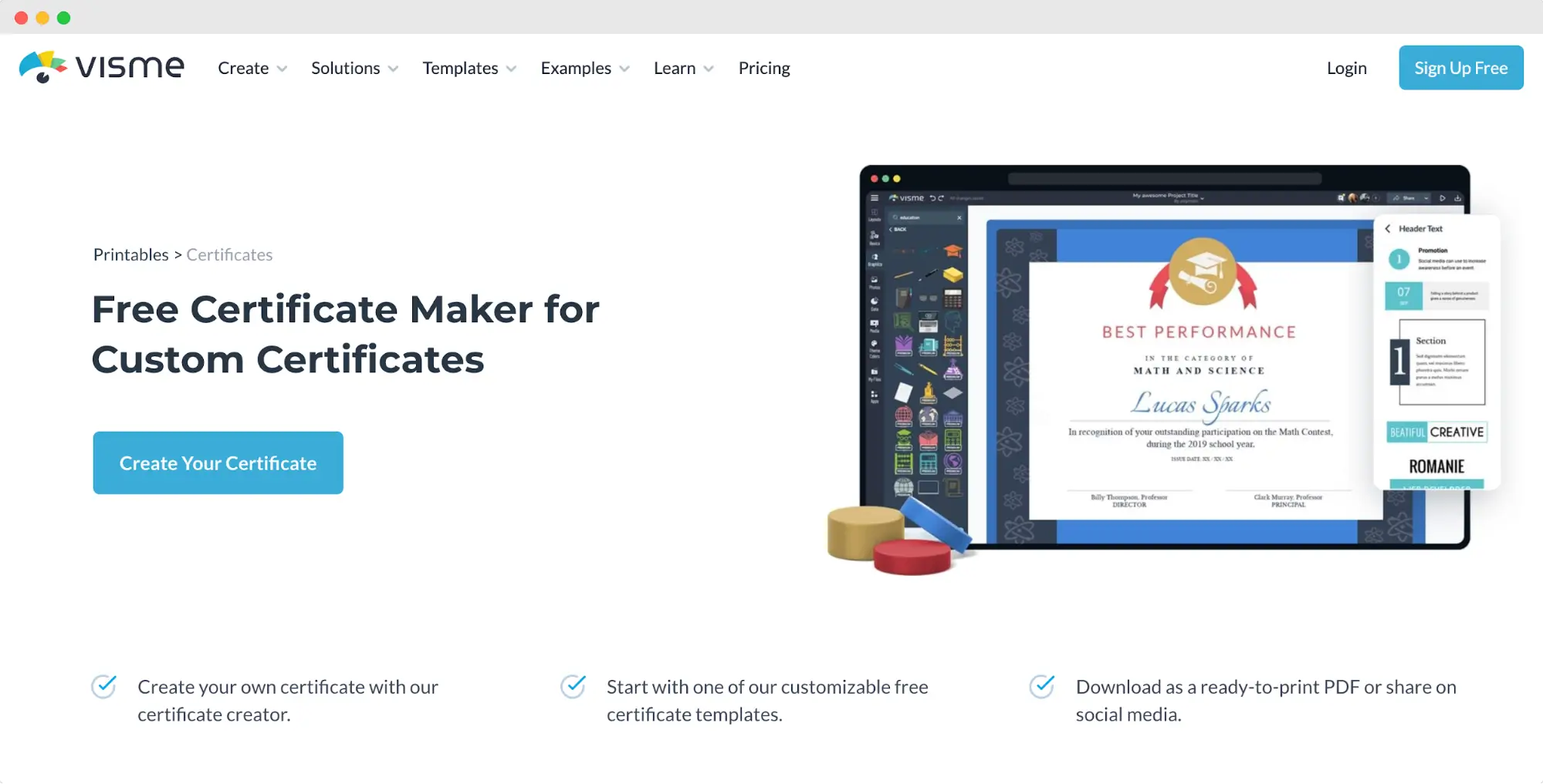 Visme homepage promoting its professional certificate creation and sharing platform.