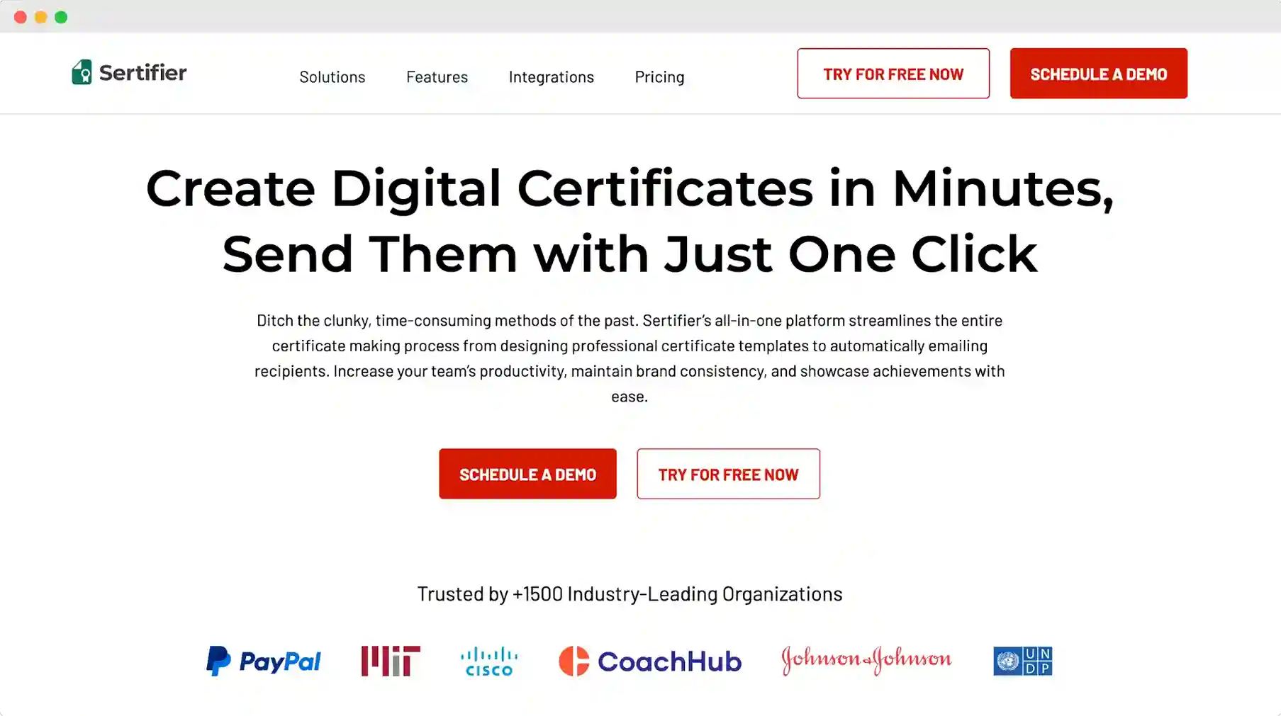 Landing page of Sertifier highlighting bulk certificate creation and distribution in one click, included in CertifyOne alternatives. Landing page of Sertifier highlighting bulk certificate creation and distribution in one click, included in CertifyOne alternatives.