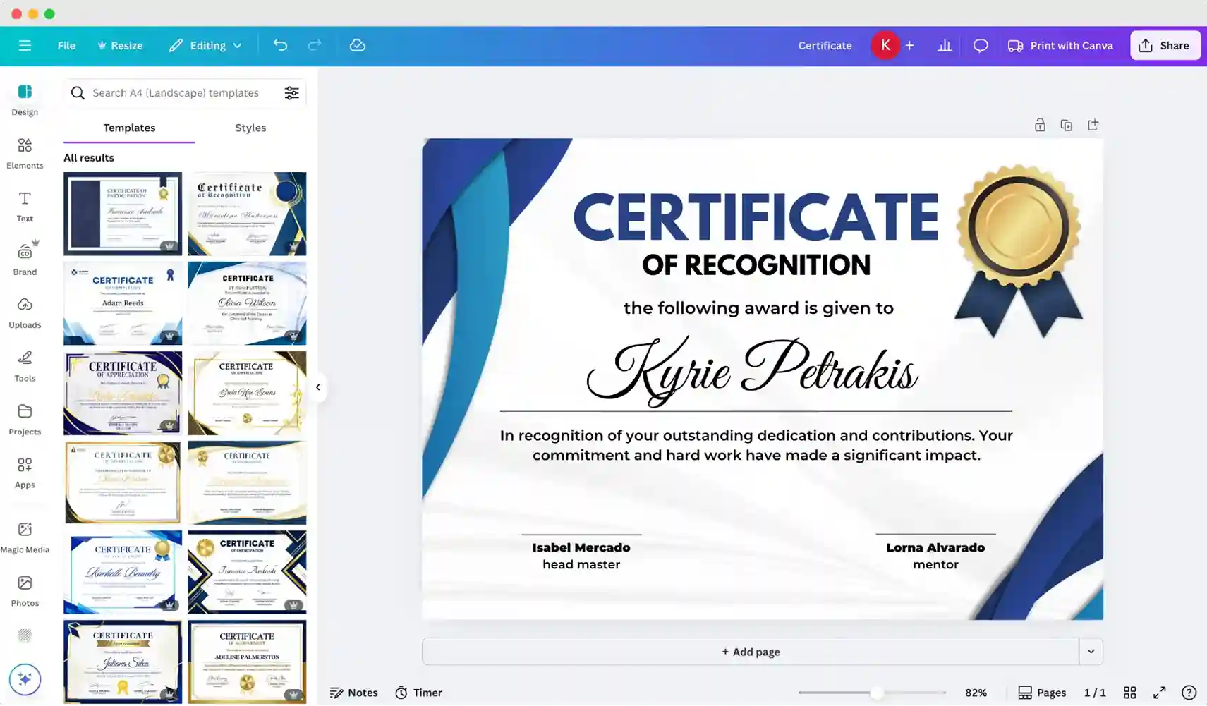 Canva certificate template editor displaying a customizable certificate of recognition, included in EdgeOne alternatives. Canva certificate template editor displaying a customizable certificate of recognition, included in EdgeOne alternatives.