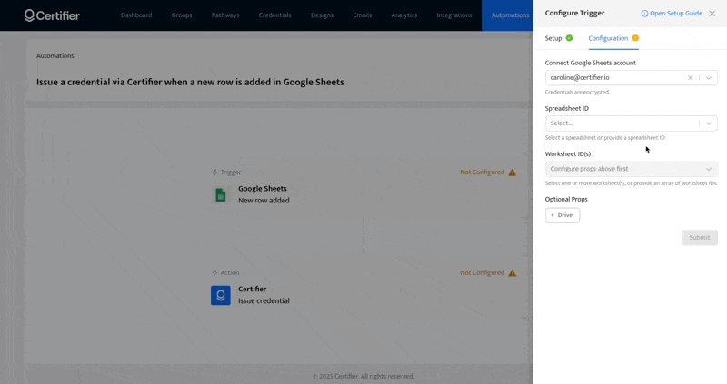 Certifier dashboard view with guidance on setting up native automation–configuring a trigger.