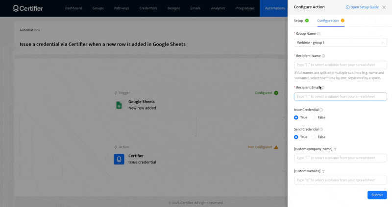 Instructional screen in Certifier showing native automation process–configuring an action.