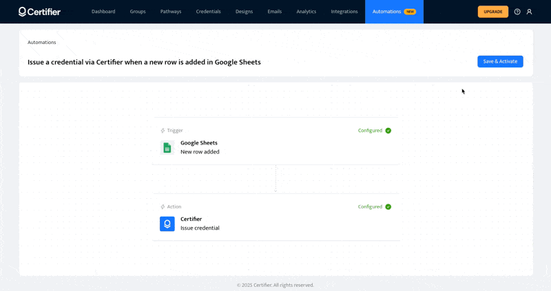 Certifier’s dashboard; Instruction showing how to use Certifier’s native automation.