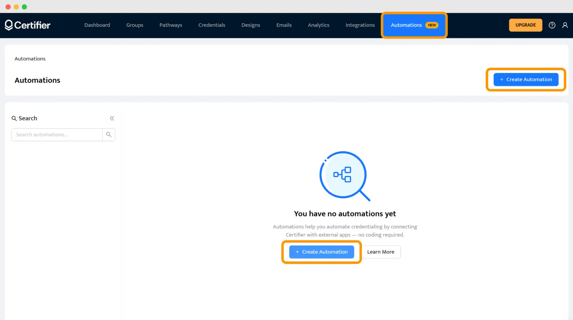 Certifier’s Automations feature shown in the main dashboard.