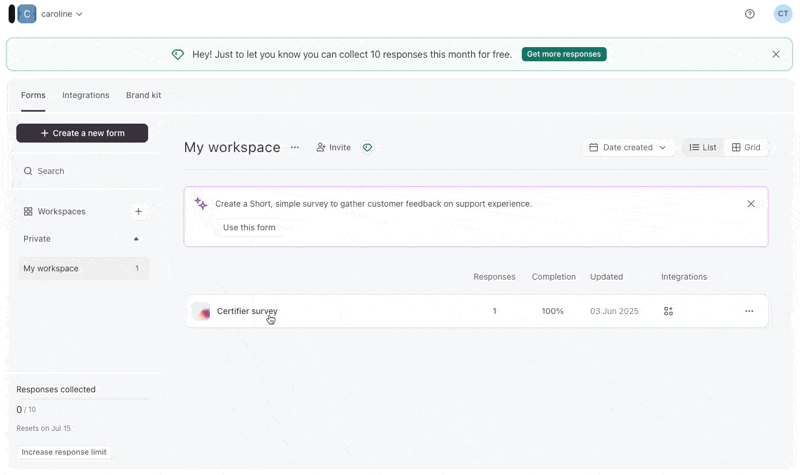 Integration tab in Typeform’s interface.