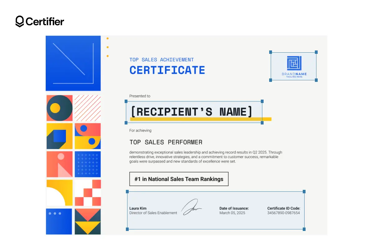 A vibrant sales award certificate template featuring colorful geometric shapes and modern fonts with editable elements.