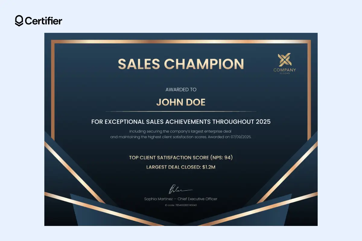 Sales award certificate template with dark background, gold border and outlined KPIs like NPS score and revenue closed.