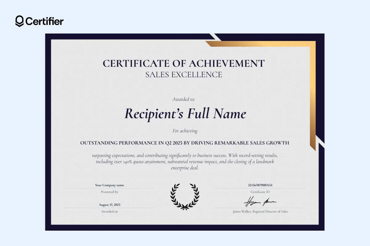 Top sales award certificate template with gold accent, auto-generated ID and editable dynamic fields for sales performance.