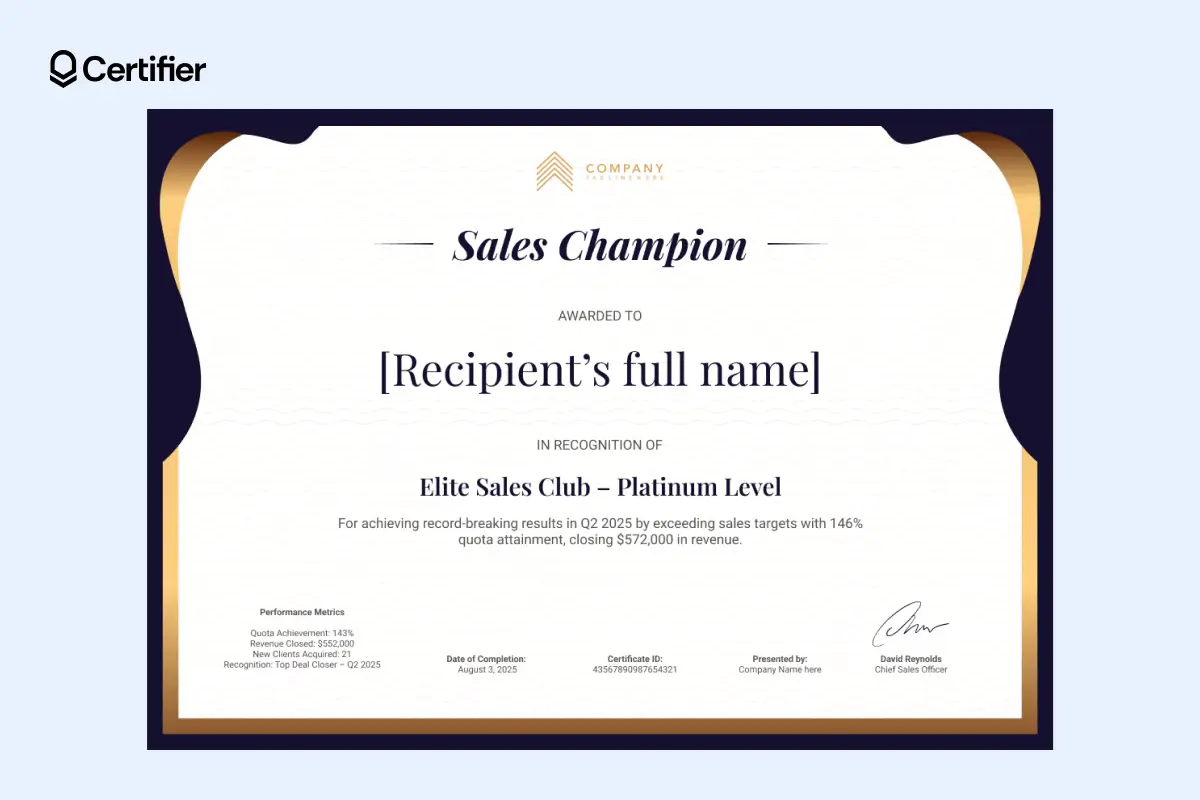 Decorative sales award certificate template with curved borders, company logo area and performance metrics section.